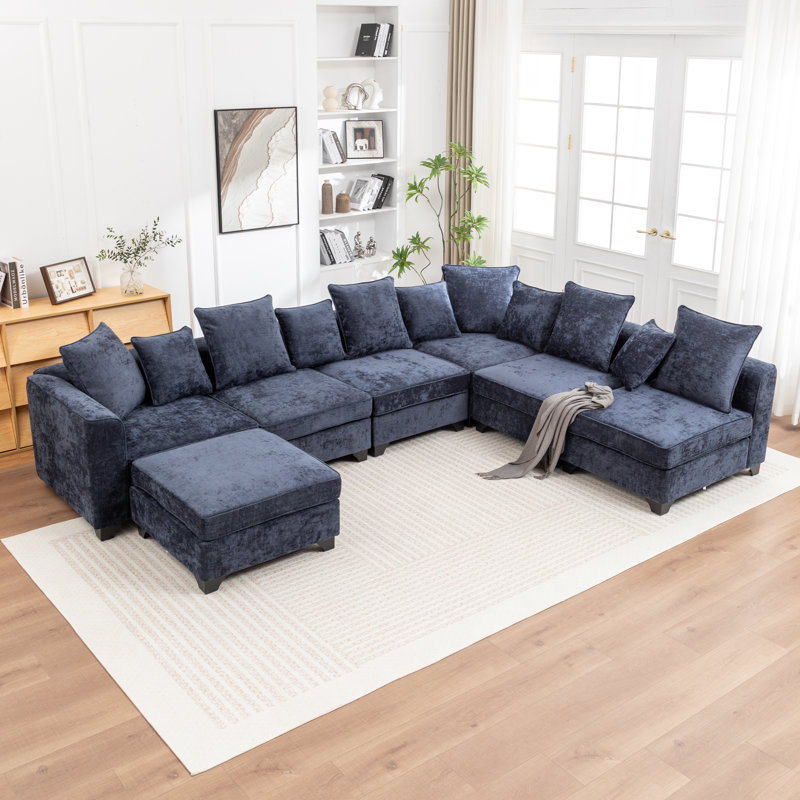 Kempson 7 - Piece Upholstered U-Shaped Sectional Sofa, Blue Polyester