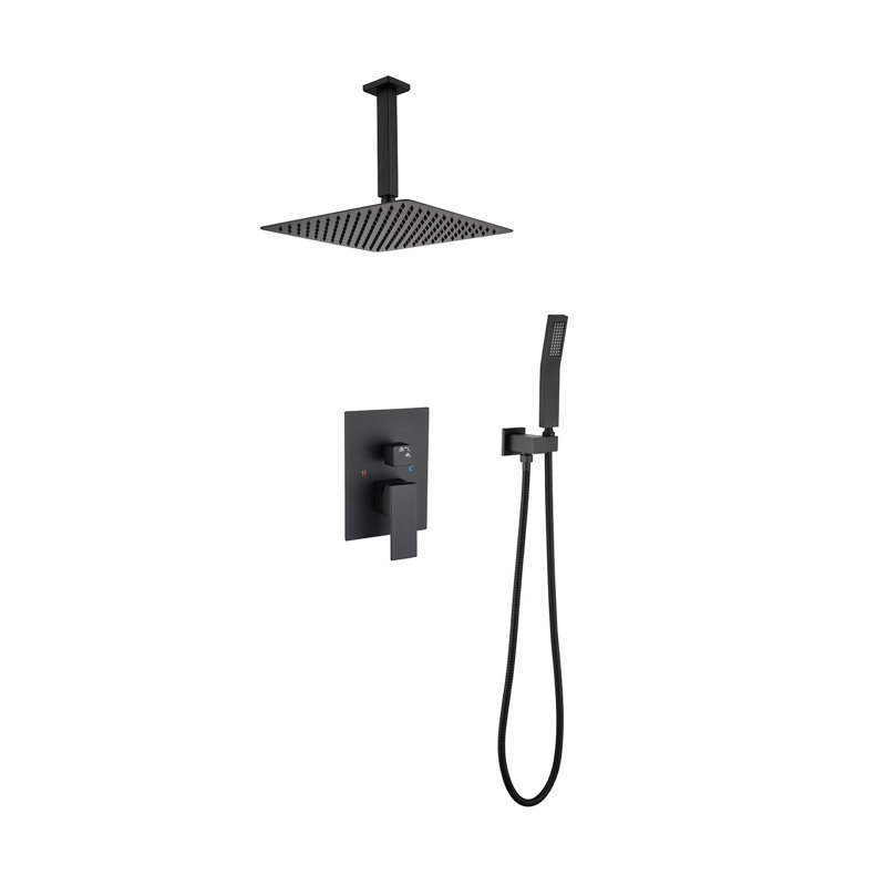 16 Inch Matte Black Ceiling Mounted Rain Shower Head System with Handheld Spray - Brass Bathroom Shower Fixture with Air Injection Technology