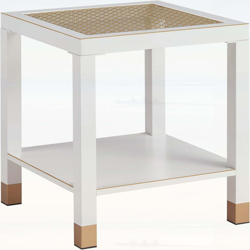 2-Layer Glass Square End Table, White/Gold