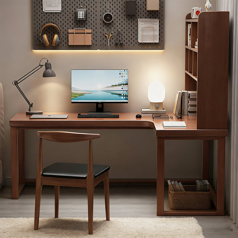 Bureau d'angle en L en bois massif avec bibliothèque intégrée, H 74,8 po x l 70,87 po x P 55,12 po, Right Hand Return