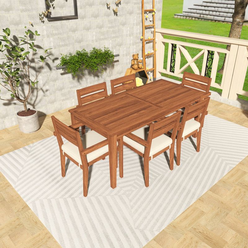 Ensemble repas d'extérieur rectangulaire 7 pièces avec coussins 7 pièces, Bois robuste