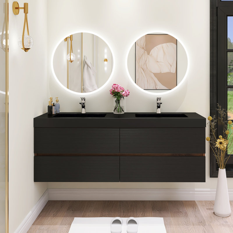 Meuble-lavabo mural 60 po avec lavabo simple 60 po, Noir mat