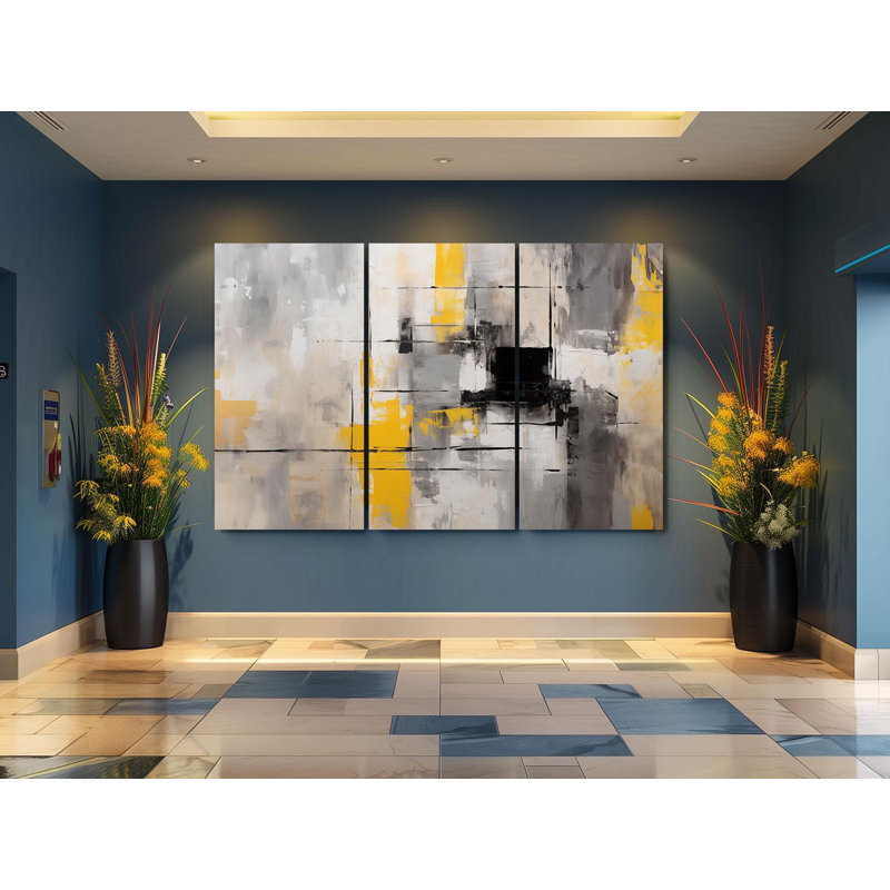 «Triptych Canvas Wall Art», ensemble de toiles abstraites grises, jaunes et noires - art mural moderne pour la décoration de salon, la reproduction de peinture