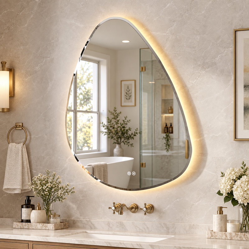 Miroir de salle de bain asymétrique à DEL 38 po x 48 po, miroir de courtoisie rétroéclairé avec antibuée et éclairage à intensité variable en 3 couleurs