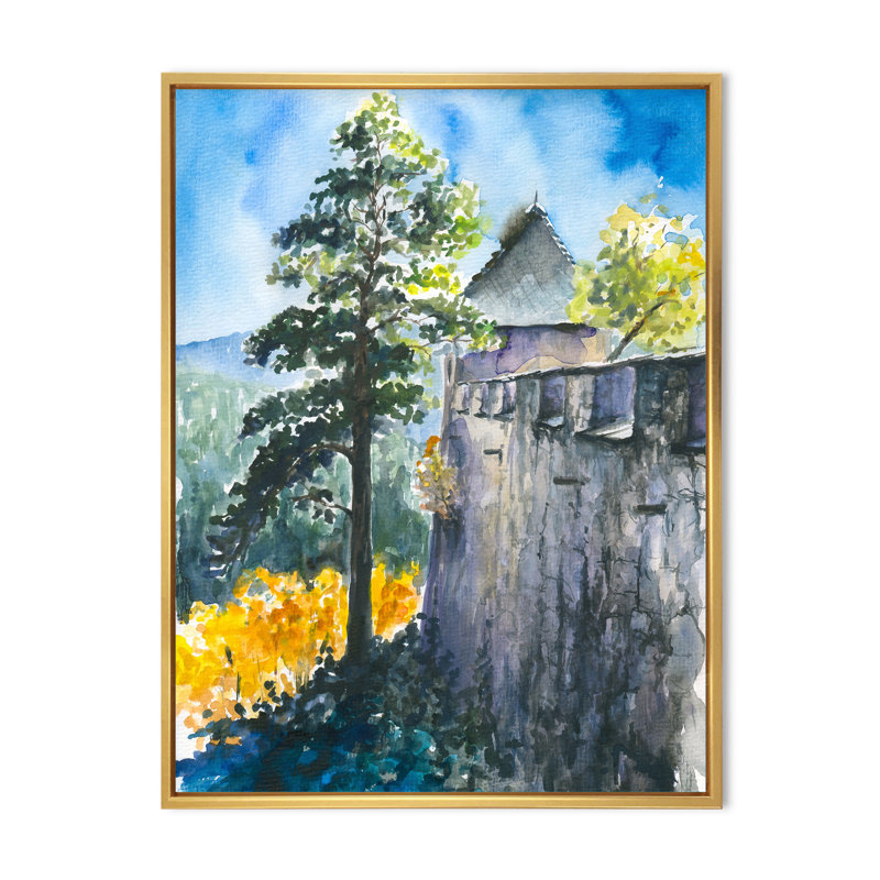 Château sur une montagne verte I - Peinture sur toile, H 44 po x l 34 po, Cadre flottant doré