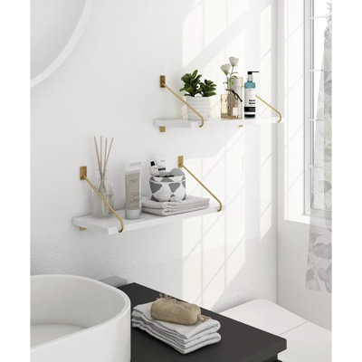 Tablettes flottantes pour le mur, tablettes de salle de bain modernes blanches, tablette murale avec supports en métal doré pour chambre, chambre à coucher, cuisine, ensemble de 2