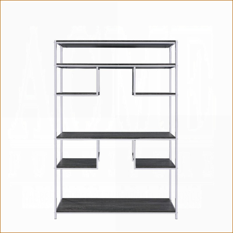 Bibliothèque à 8 tablettes, chêne gris rustique et chrome argenté | Bois et métal | Gris rustique