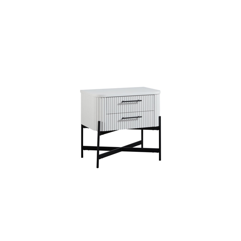 Table de chevet Type C 2 en blanc, bois massif +, conception avant, accent en métal, 2 tiroirs doublés de feutre blanc avec, construction, base décorative, unité de rangement intérieure supérieure et inférieure