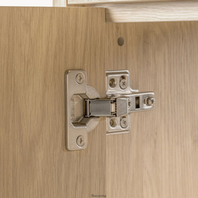 Meuble-lavabo de 76 cm (30 pouces) avec lavabo en céramique, 2 portes, 3 tiroirs, tablette réglable en forme de U, charnières à fermeture douce et poignées noires.