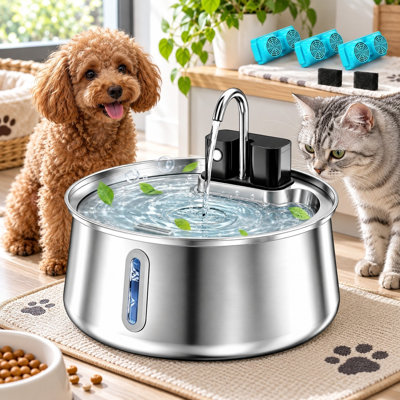 Fontaine à eau pour chien en acier inoxydable de 4 L avec niveau d'eau facile à visualiser, filtration en 5 étapes, fonctionnement ultrasilencieux et design facile à nettoyer