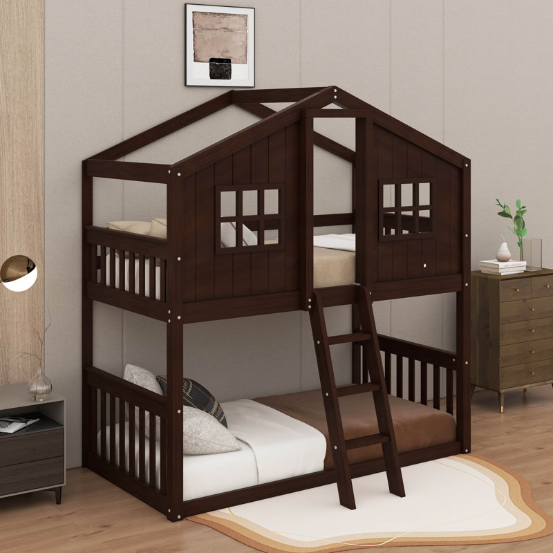 Twin Over Twin House Bunk Bed With Ladder, Espresso