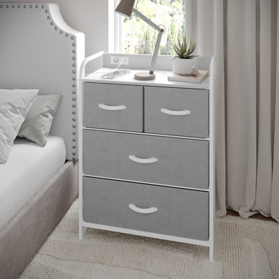 4 Fabric Drawer Nightstand With 2 USB Port And 1 Outlet Charging Station