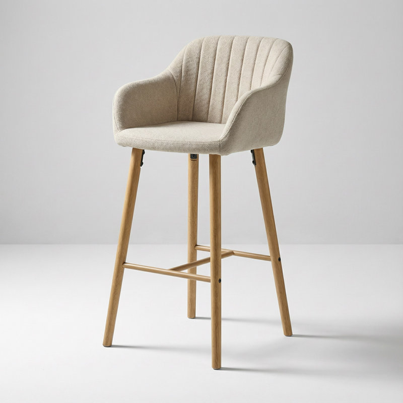 Modern Set of 2 Upholstered Bar Stools with Curved Backrest, Armrests, and Footrest for Kitchen Islands and Counter Height Dining, Featuring Solid Wood Legs and Durable Fabric Seating