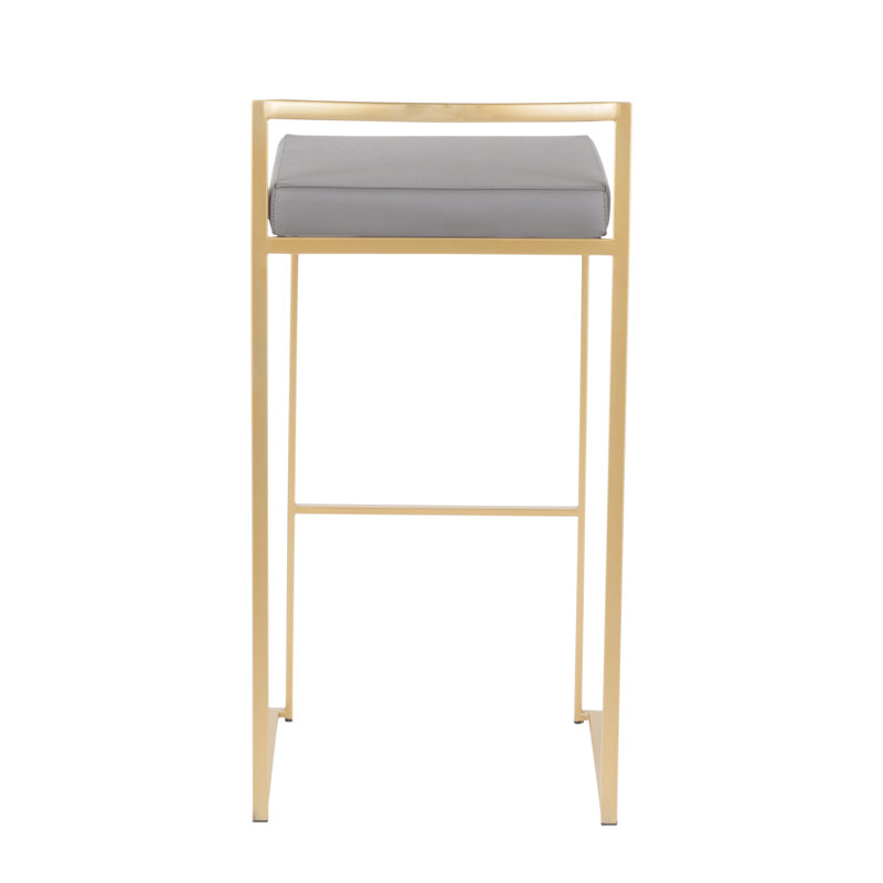 Tabouret de bar empilable contemporain de 76 cm (30 po), ensemble de 3 pièces, structure en métal doré et coussin en similicuir gris, hauteur de bar, conception empilable peu encombrante