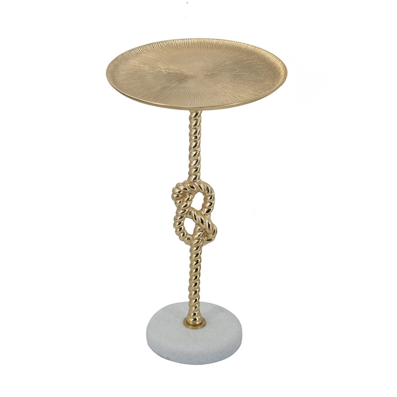 Table d'appoint dorée 13,8 x 13,8 x 24 po avec nœuds en corde et base en marbre blanc