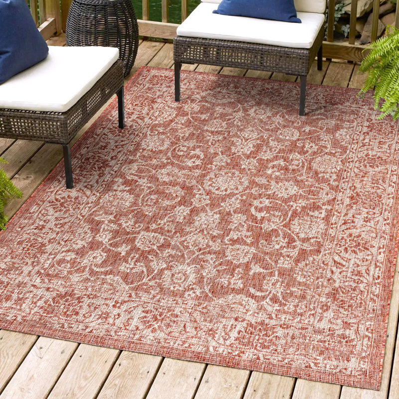 Leonora Bohemian Textured Weave Floral Red/Taupe Indoor/Outdoor Rug, Rectangle 3'11" x 6'