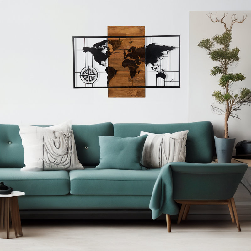 Accessoire mural décoratif en bois, noir et noyer, 33,5 po x 22,8 po | Cadre 100% métal (épaisseur: 0,05 po) et envers 100% bois (épaisseur: 1,2 po) | Décoration intérieure élégante pour les espaces de vie modernes