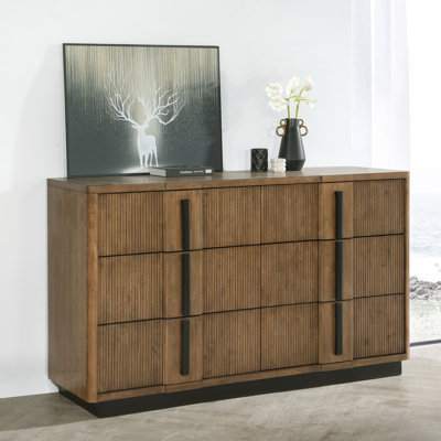 Commode 6 tiroirs en bois avec poignées verticales brun cendré