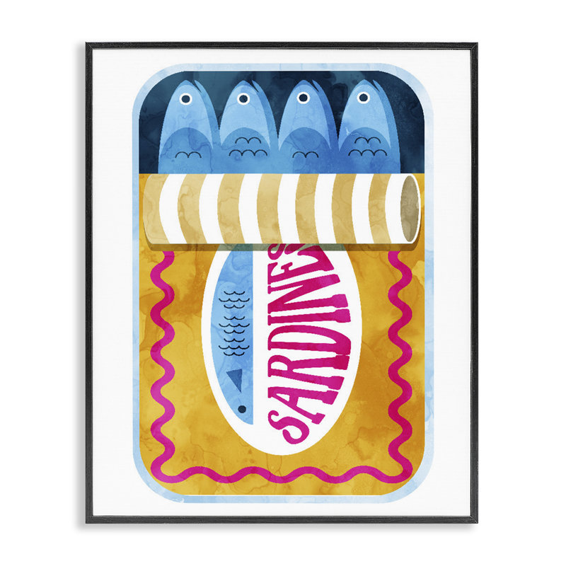 Giclée encadrée de sardines bleues et orange, design par Lil 'Rue, Giclée encadrée noir minuit, H 30 po x l 24 po