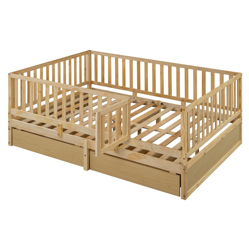 Wood Daybed With Fence Guardrails And 2 Drawers, Split Into Independent Floor Bed With Daybed, Natural, Full/Double