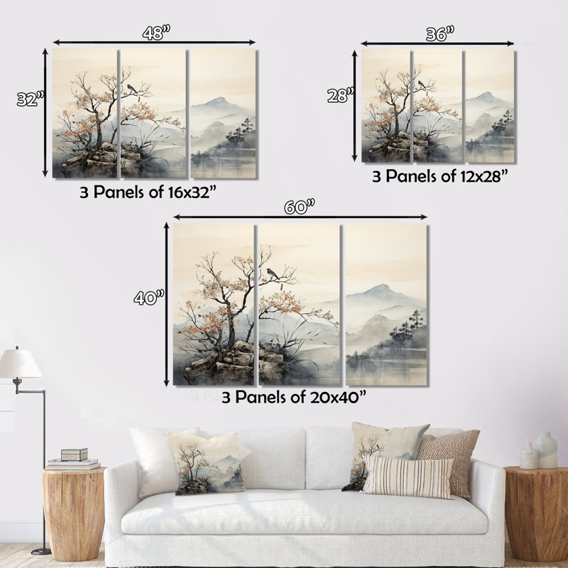"Asian Art Sumi Bird Serenity" sur toile, ensemble de 3 pièces, H 28 po x l 36 po