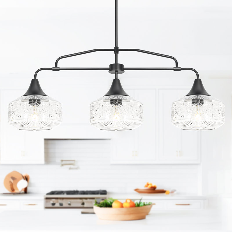 3-Light Black Kitchen Island Light, Matte Black, Patterned Glass