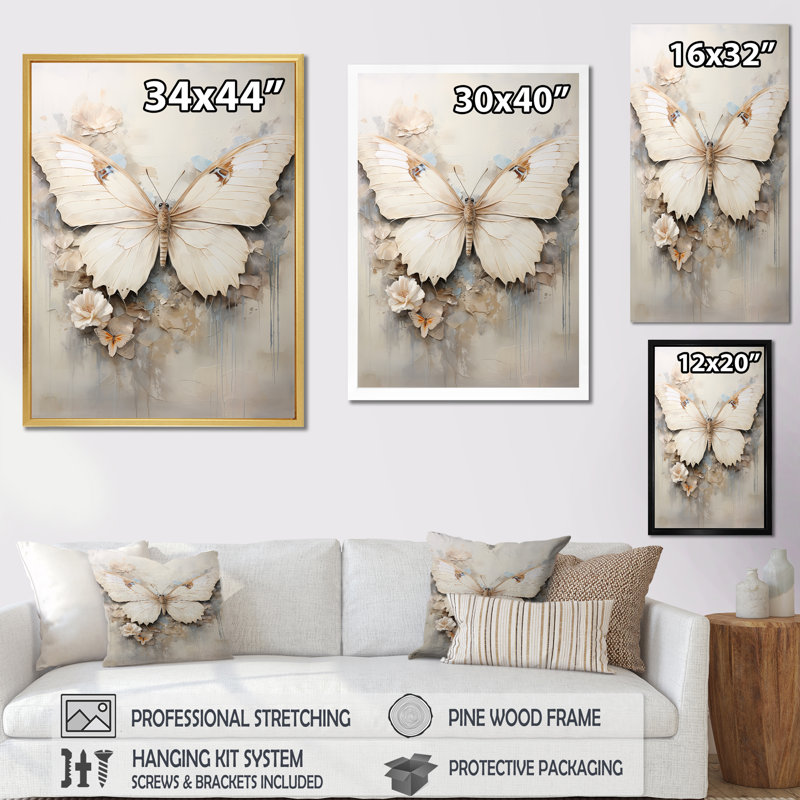 Minimalisme, papillon beige - art mural papillon, H 20 po x l 12 po x P 1 po, Cadre simple argenté