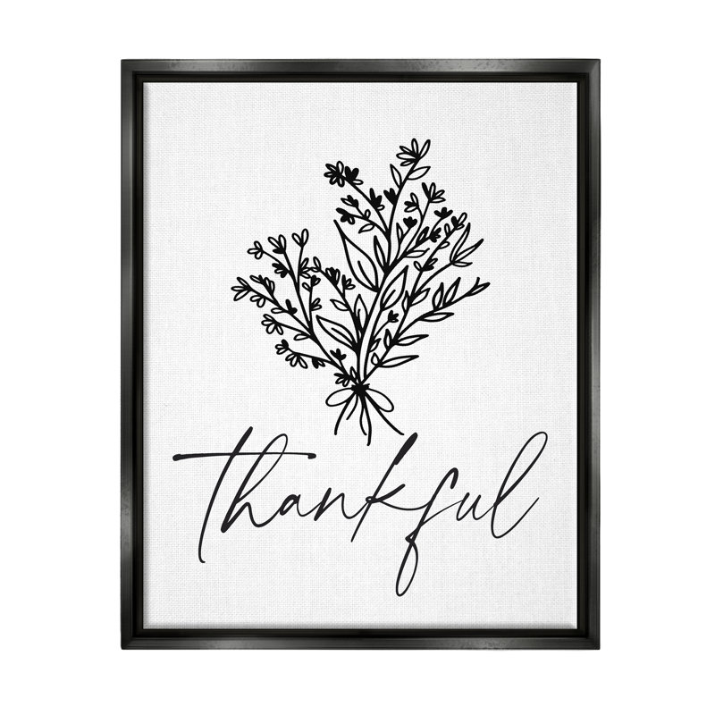 " Thankful Script Delicate Botanical Blooms Petals Bouquet " by Lettered And Lined, 21" H x 17" W, Black Floater Frame