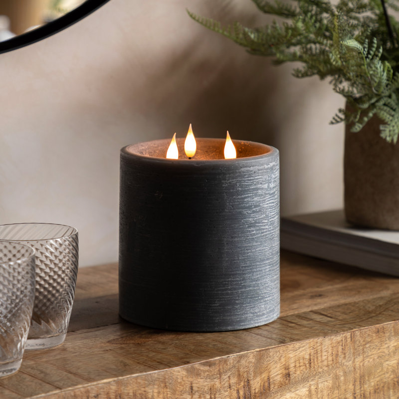 Unscented Flameless Pillar Candle with Plastic Holder, Dark Grey
