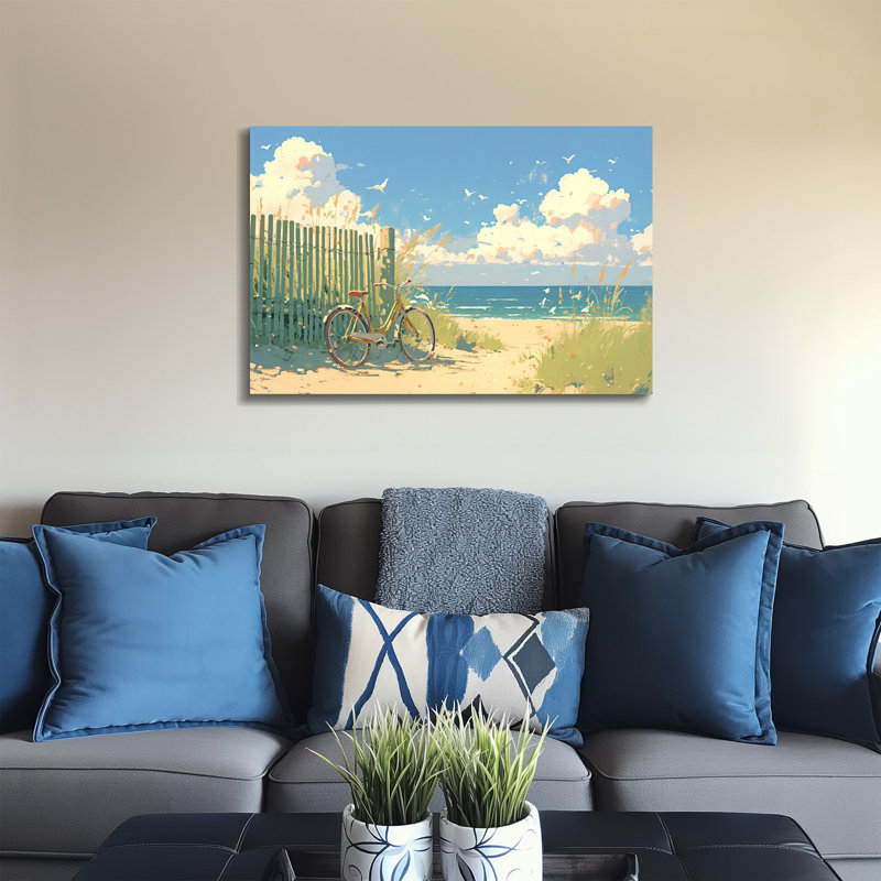 Plage, nature morte avec vase bleu, coquillages et fleurs - reproduction d'art sur toile, 28" H x 40" W
