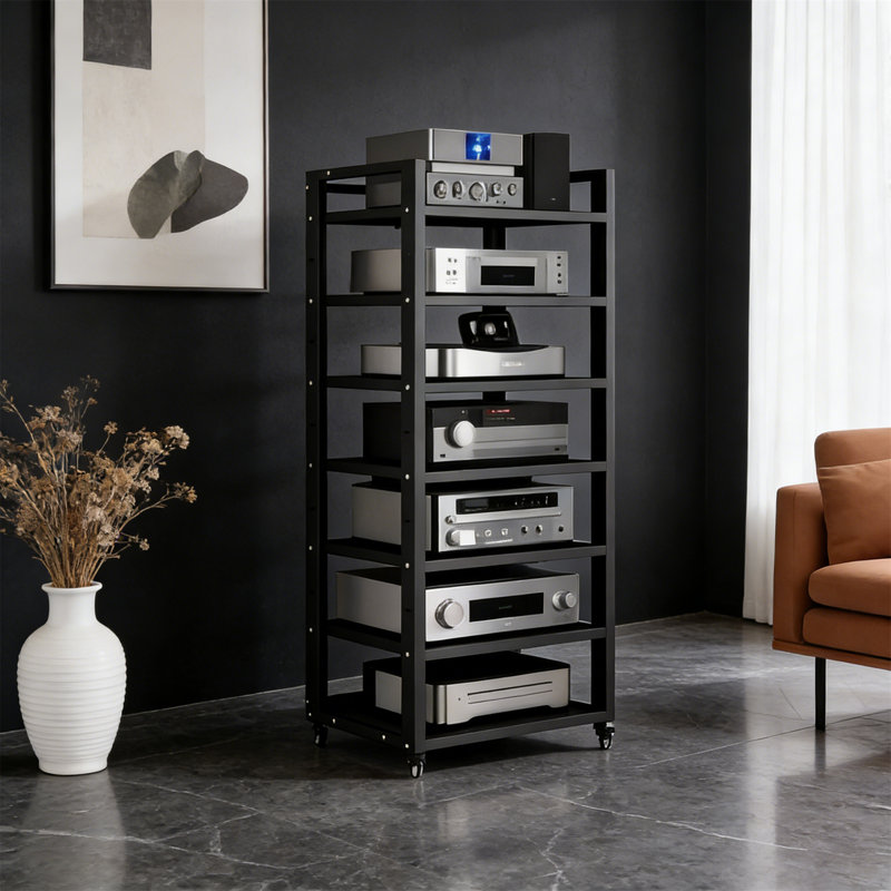 Black 7-Tier Audio Rack Tower With Adjustable Wooden Shelves, Weight Capacity 661 Lbs, For Stereo Components