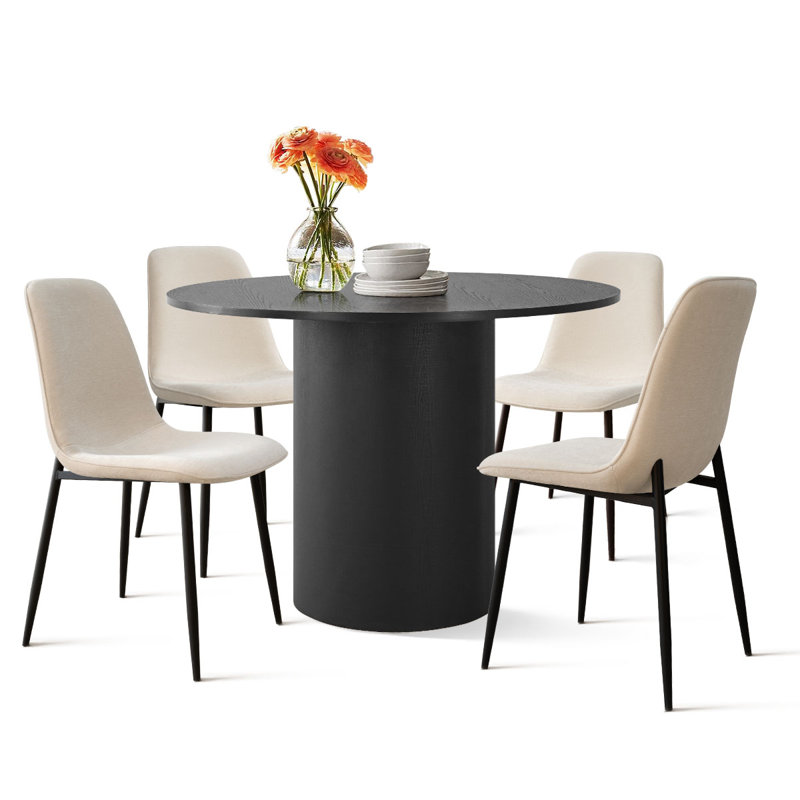 Folmar 4 - Person Dining Table Sets With 41.5'' Round Table & 4 Upholstered Chenille Chairs, Beige