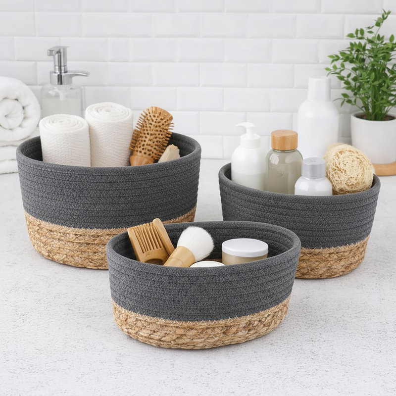 Padang 3-Piece Cotton Basket Bin, Gray/Natural