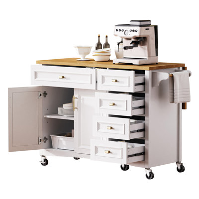 Kitchen Island with Spice Rack Towel Rack 2 Doors and 5 Drawers