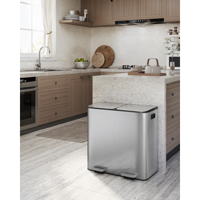 2 x 10,6 gallons en acier inoxydable poubelle double avec couvercle pour cuisine, argent
