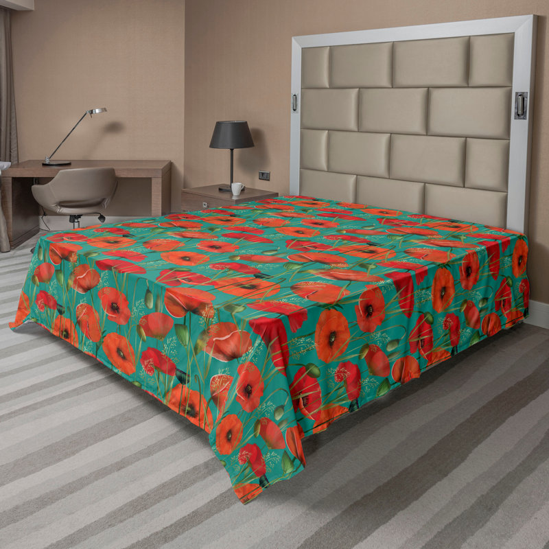 Drap plat Ambesonne coquelicot rétro fleurs romanes sarcelle orange brûlé et vert, Drap plat de taille très grand