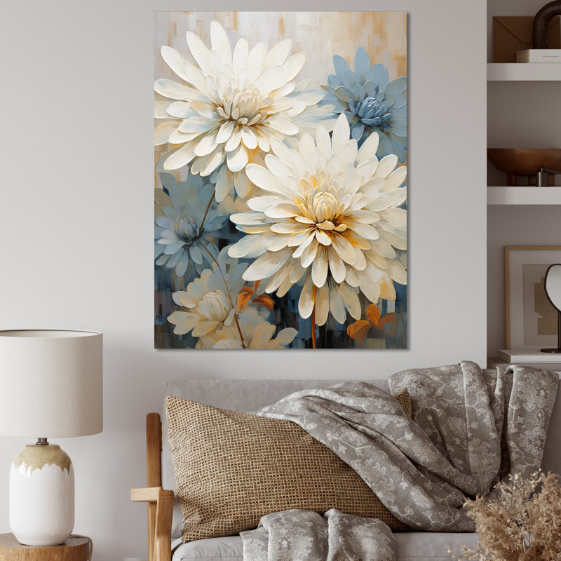 «Mums», peinture beige sur fond blanc et bleu sur toile, Toile tendue, H 32 po x l 16 po x P 1 po