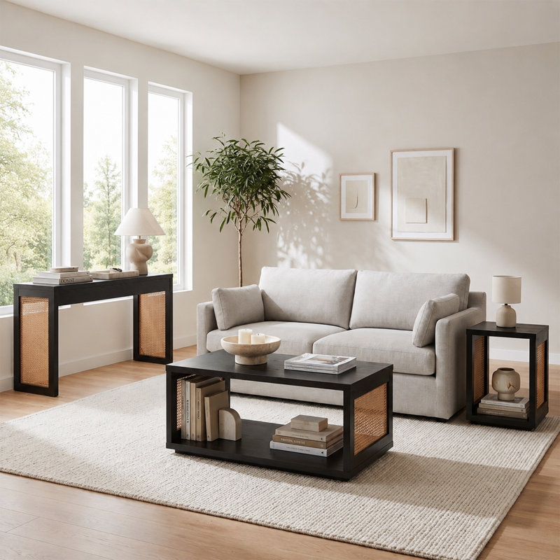 Table basse Haught Weave avec tablette, Noir / orge beige