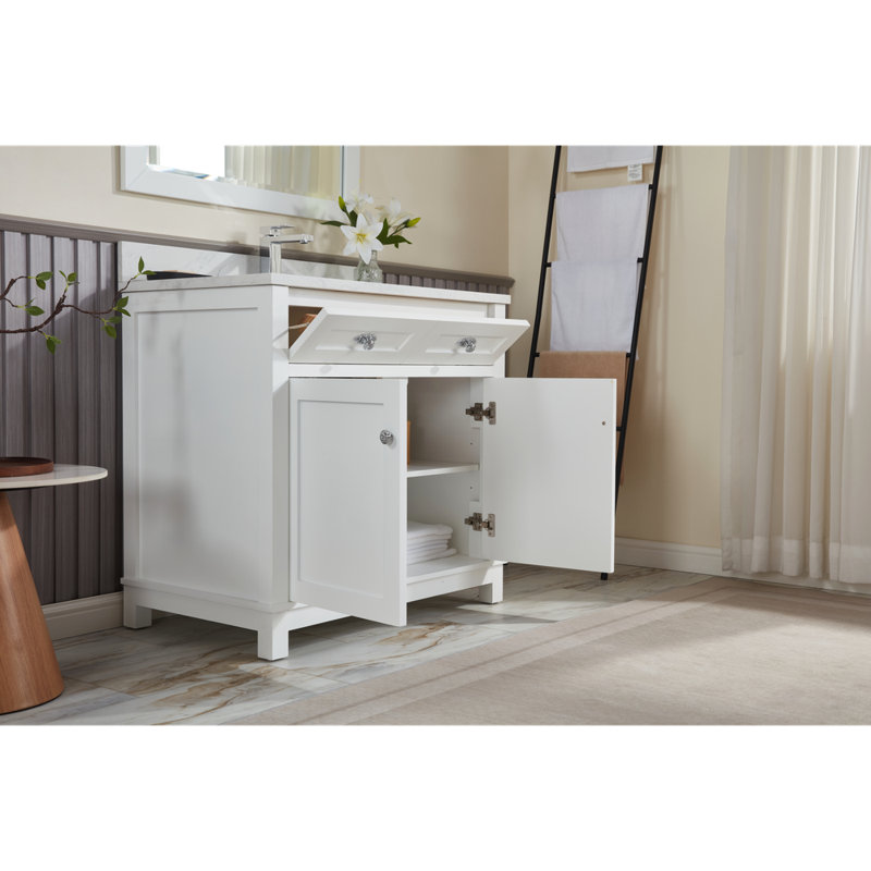 Meuble-lavabo en bois massif 36 po avec comptoir en marbre d'ingénierie 1 po, lavabo simple, Blanc, Chrome poli