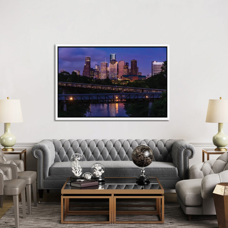 Elevated Walkway Over Buffalo Bayou At Night With Downtown Skyline In Background, Houston, Texas, USA 1 Piece Floater Frame Wall Art on Canvas