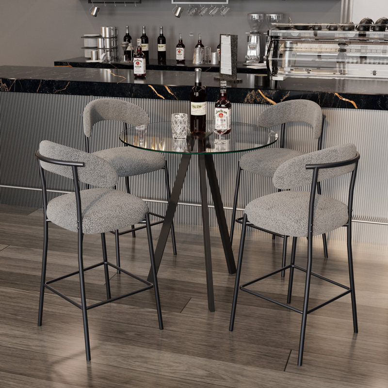 Rosibel Bar Table Set, Tempered Glass Round Dining Table And Height Bar Stools, White, 5 Piece: Table, 4 Chairs