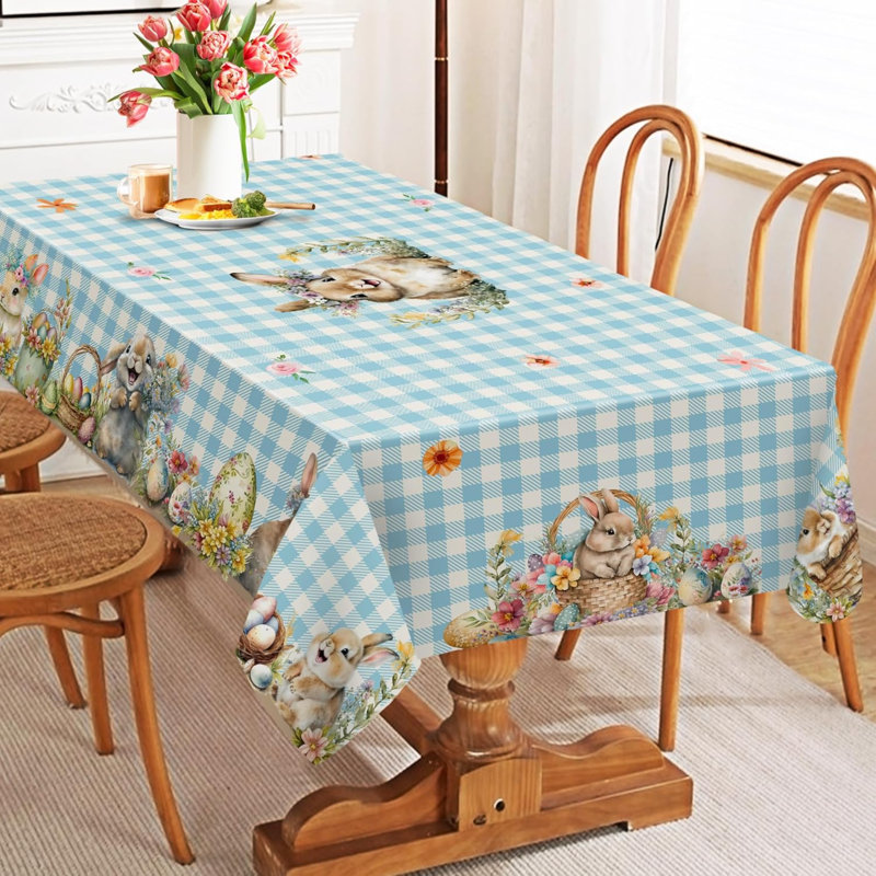 Easter Tablecloth 60X84 Inch Rectangle - Easter Decorations For The Home - Blue Plaid Water Resistant Spring Table Cloth Rectangle For Party,Table,Outdoor