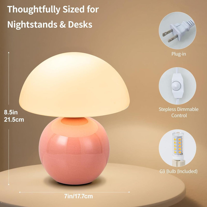 Lampe de table champignon en céramique avec abat-jour en verre laiteux Lampe de chevet à intensité variable rétro pour chambre à coucher