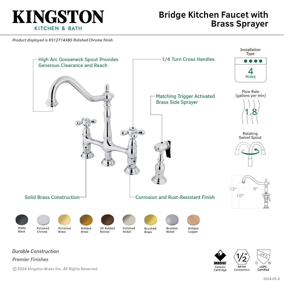 Kingston Brass Heritage Two-Handle 4-Hole Deck Mount Bridge Kitchen Faucet with Brass Side Sprayer, Polished Brass