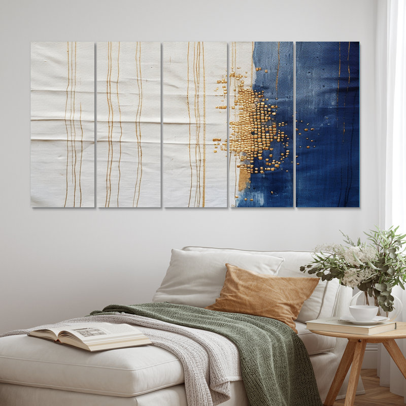 «A Touch of Gold and Kings Blue I», reproduction d'art abstrait - 5 panneaux égaux