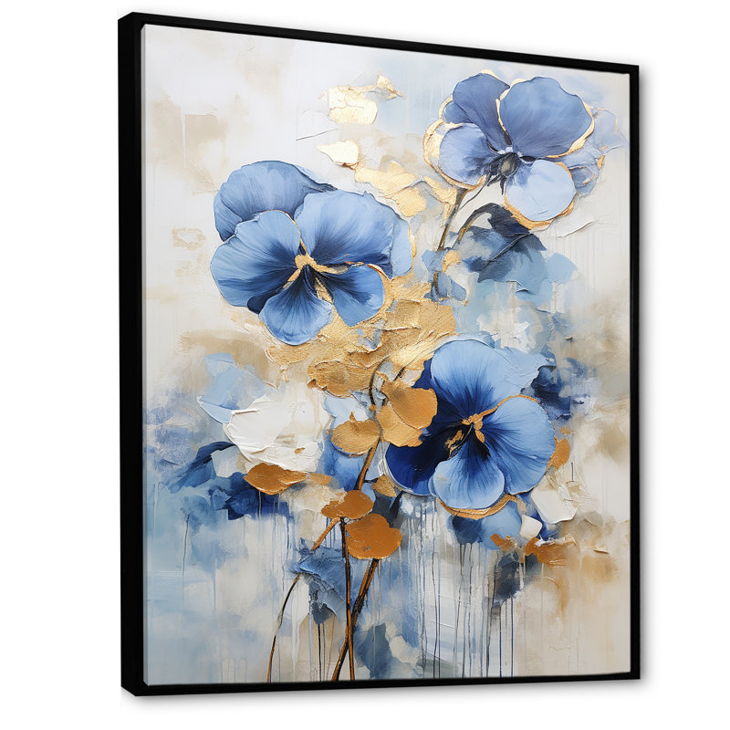 Bleu et or Minimalisme Pansy Radiance Bouquet II, Cadre flottant noir, H 32 po x l 24 po x P 1 po