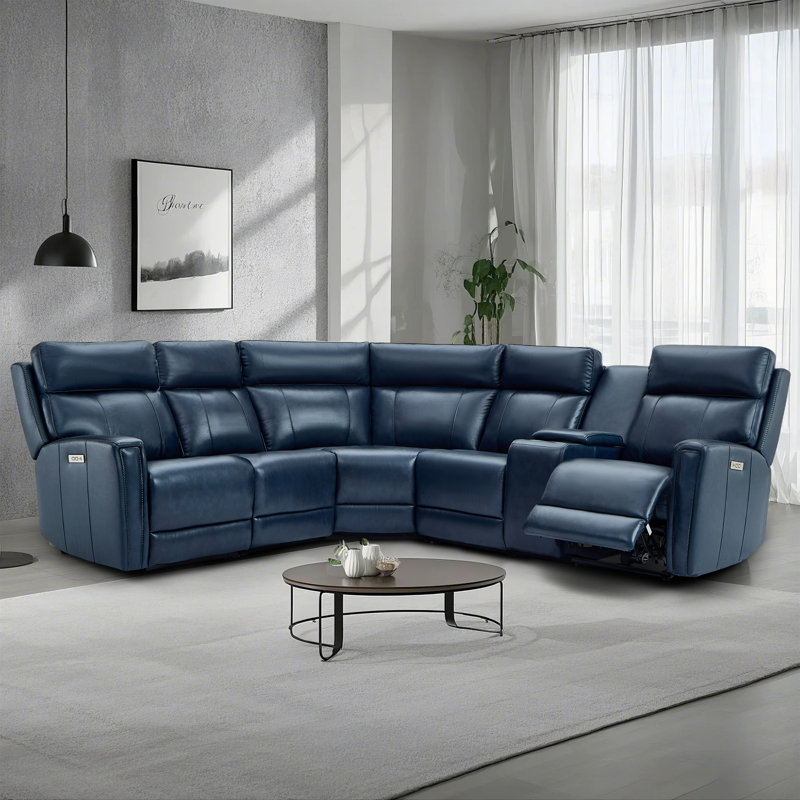 116" Leather Reclining Sectional, 3 Power Recliners, Zero-Gravity & Power Headrest, Blue Genuine Leather, Power - Push Button
