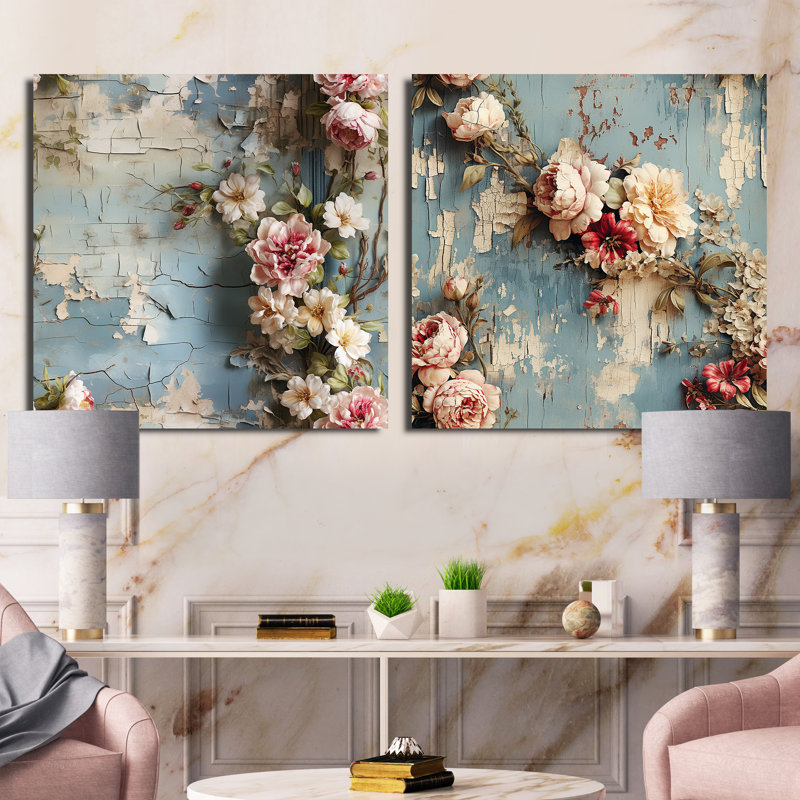 Ensemble de 2 pivoines roses et roses, H 16 po x l 33 po, Toile tendue