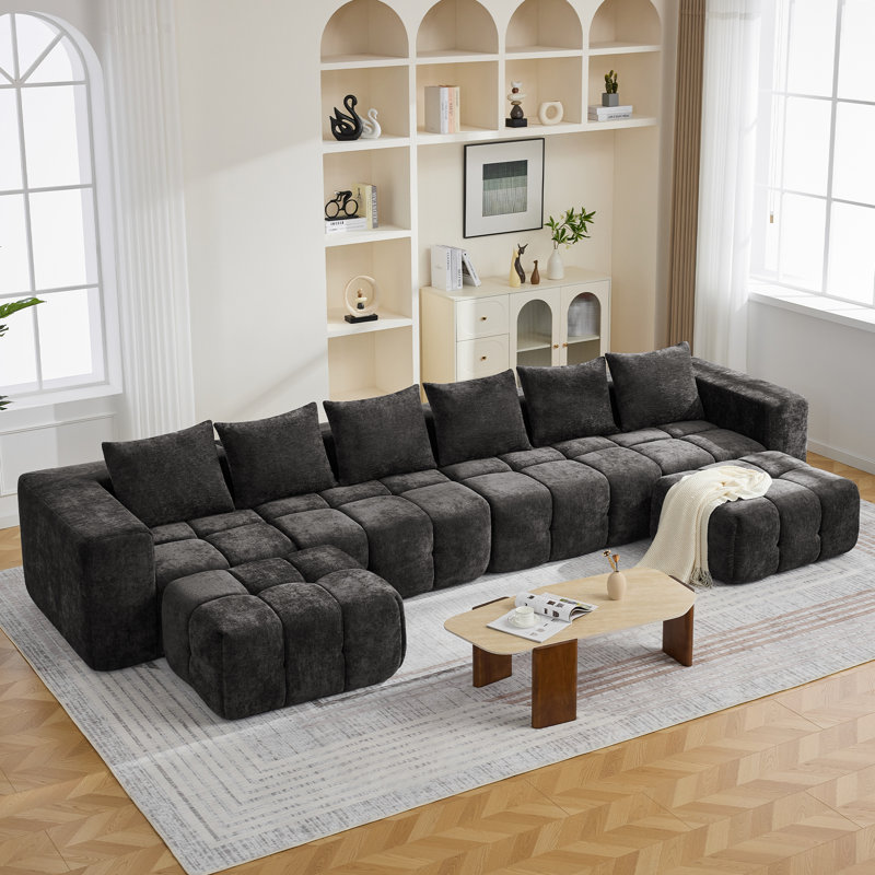 Ensemble de canapé modulaire avec repose-pieds Boneless, Chenille noir, 25" H x 159.8" W x 39.4" D