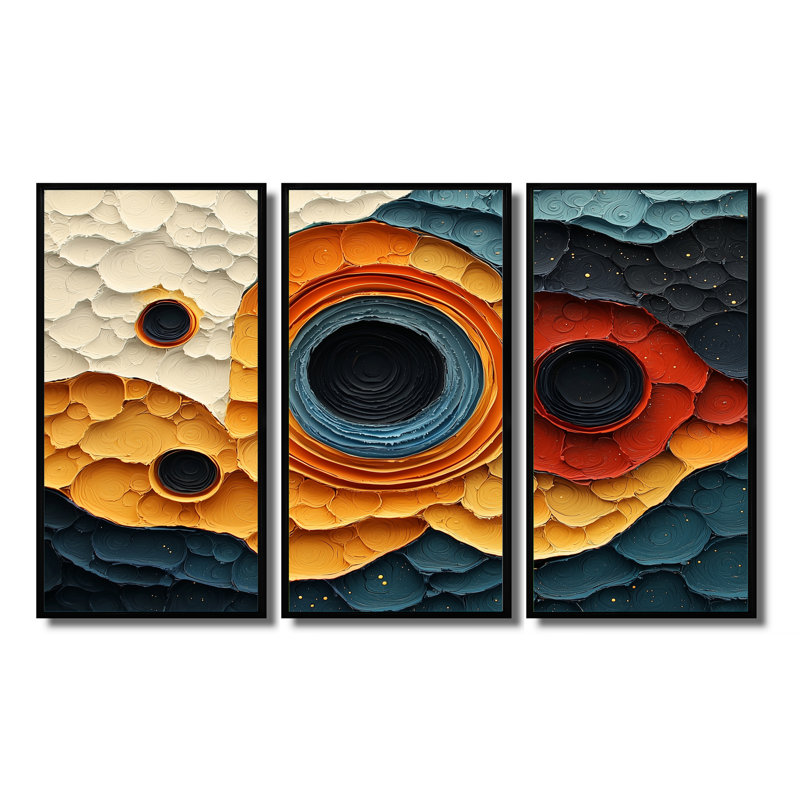 Géométrique, éclipse de biomorphisme, galaxie III - spirales abstraites grand art mural - 3 panneaux, H 32 po x l 48 po, Noir